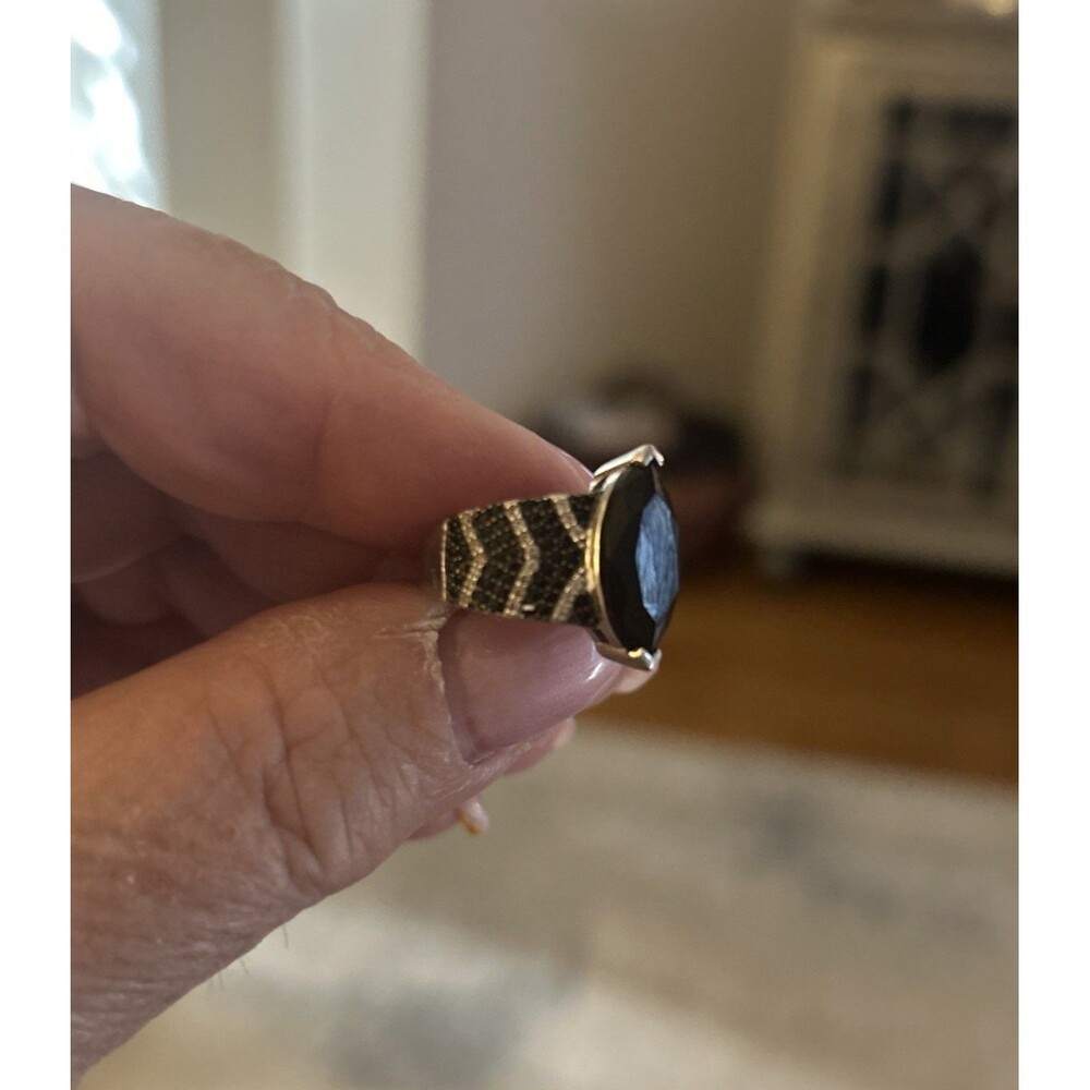 Sterling Silver Onyx, White And Blue Sapphire Marquis Ring, Size 4.75 , 5.4g